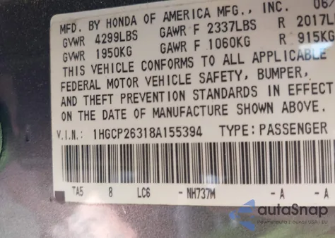2008 Honda Accord 2.4 Lx z USA, uszkodzony, nr VIN 1HGCP26318A155394
